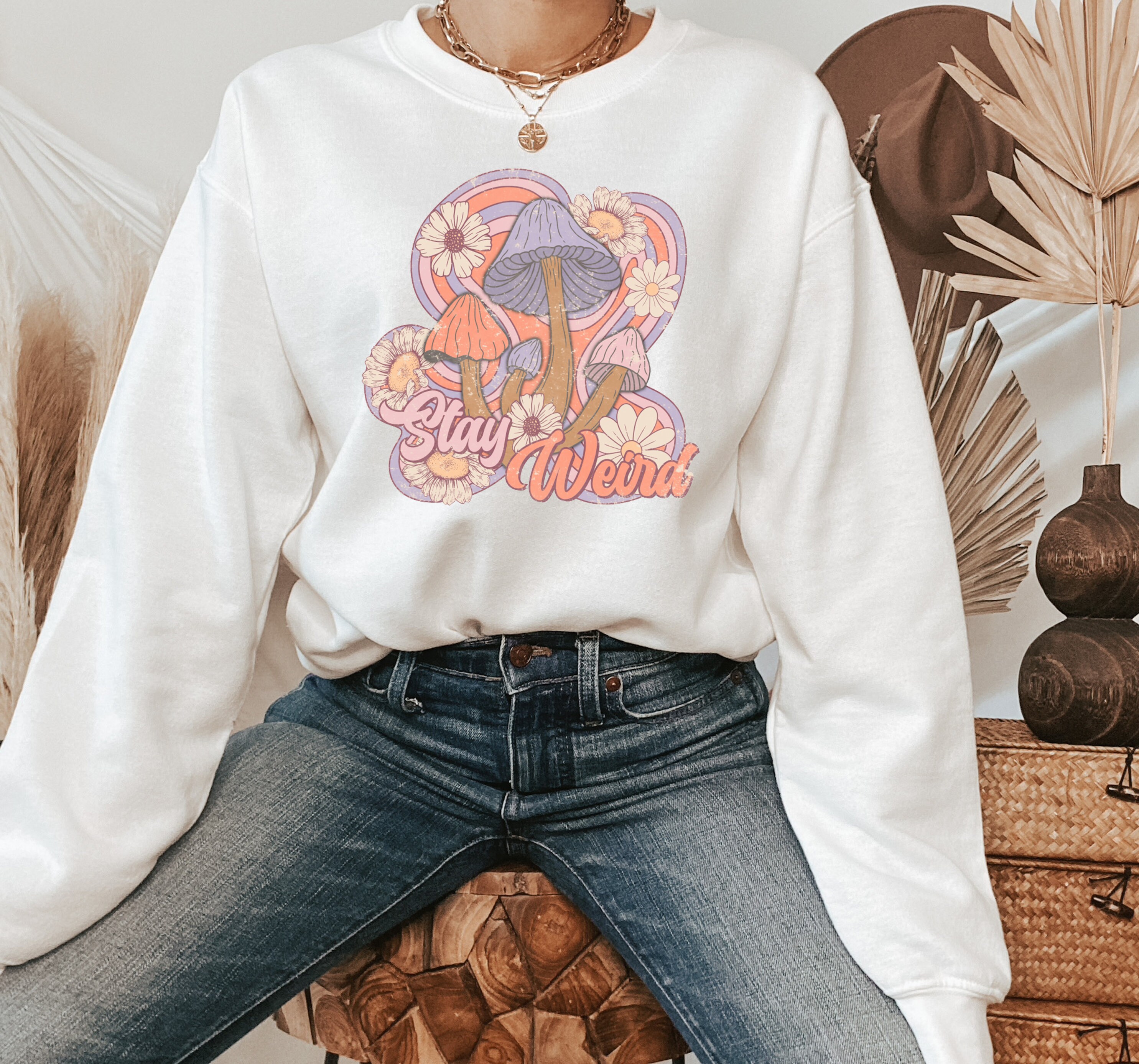 stay weird retro t shirt with boho mushroom design and floral print for unique hippie style zbsaj scaled