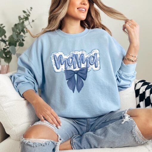trendy blue bow shirt for moms retro mama sweatshirt merry christmas mom shirt unique holiday gift for mothers
