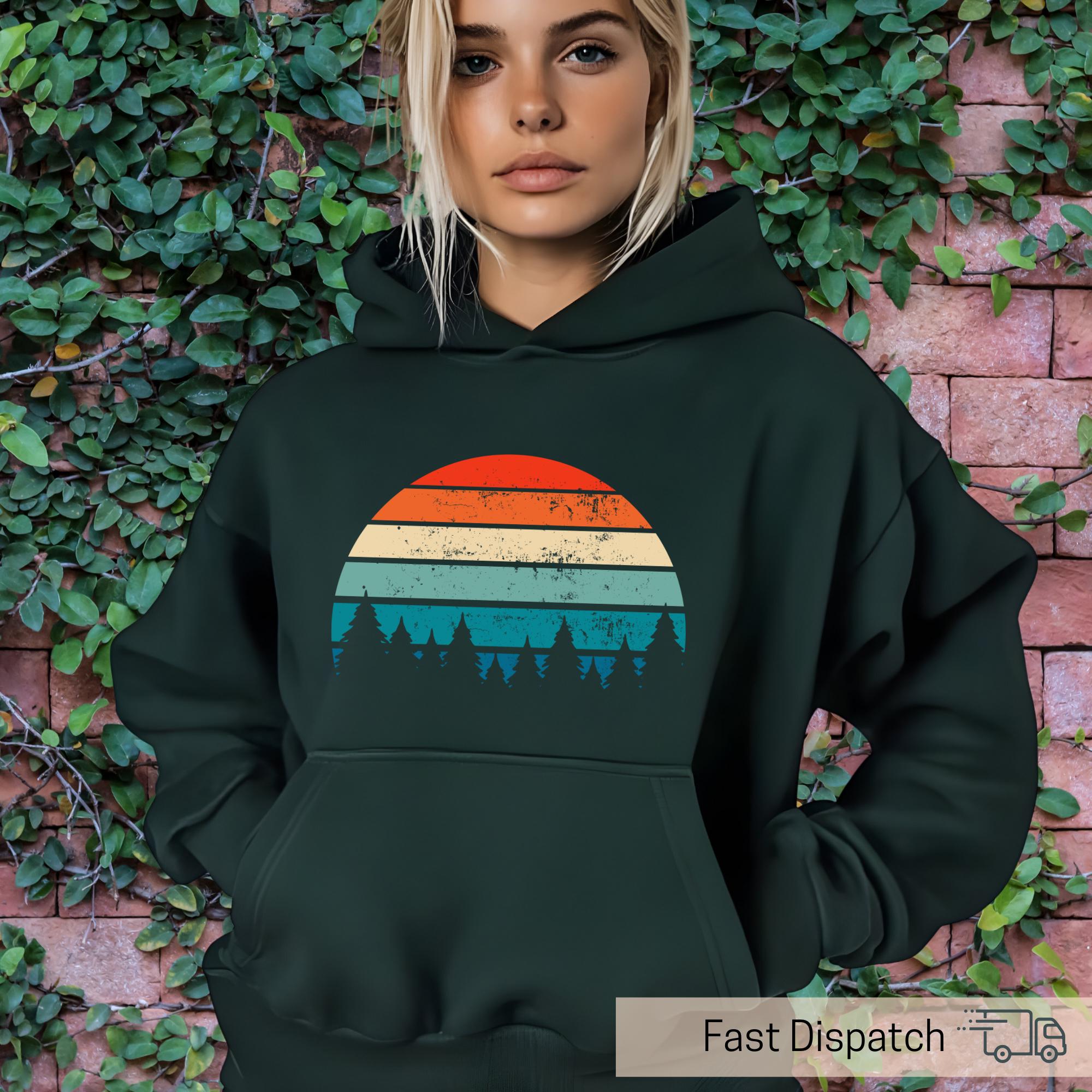 vintage sunset forest hoodie for nature lovers hiking apparel cottagecore sweatshirt outdoor adventure gear shr6w