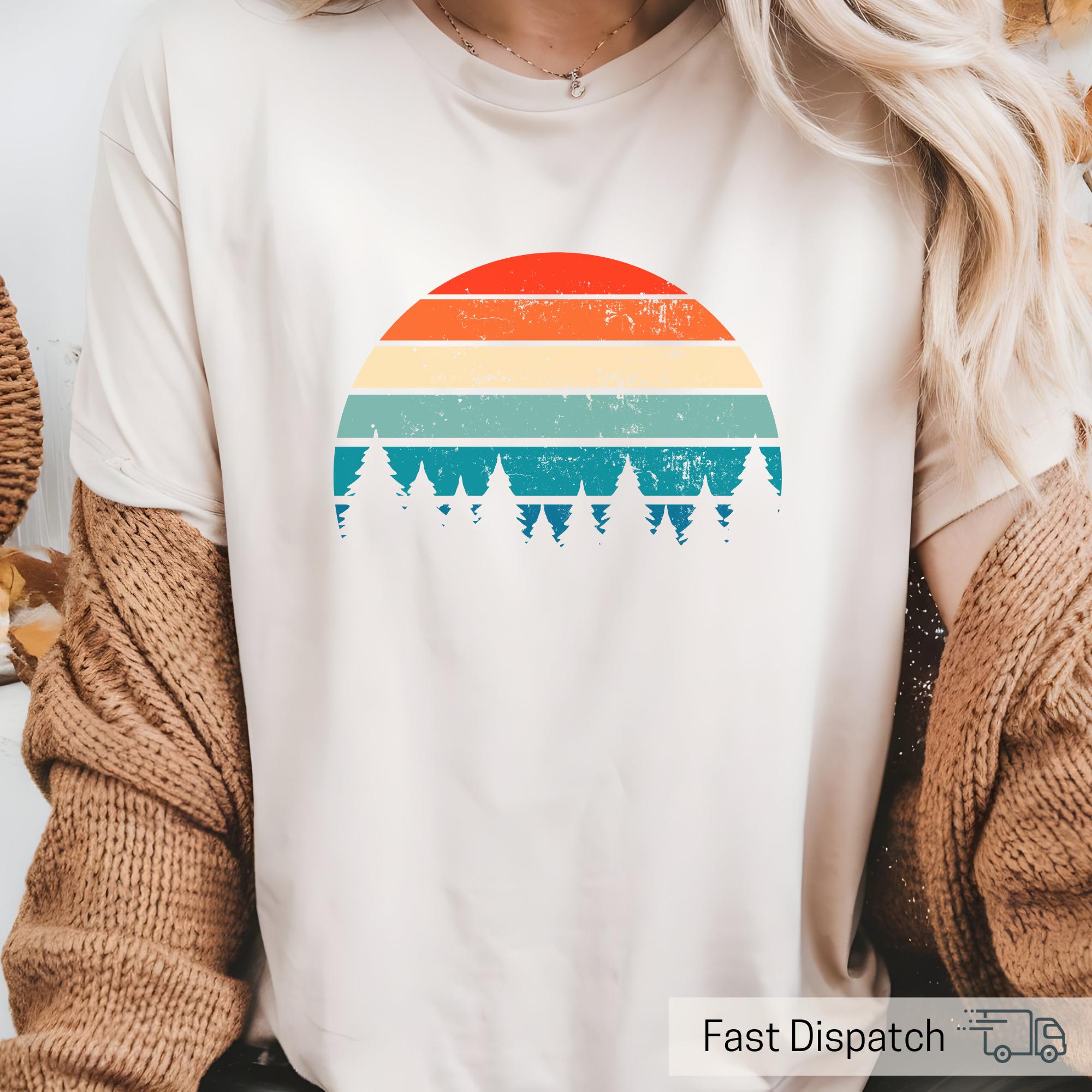 vintage sunset forest t shirt for nature lovers hiking apparel outdoor adventure tee cottagecore camp gift