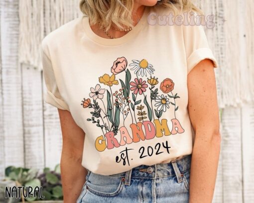 wildflowers grandma shirt est 2024 retro t shirt for new grandmother pregnancy announcement gift ooqk1